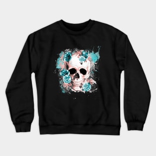 Floral Skull with turquese roses and leaves watercolor Crewneck Sweatshirt